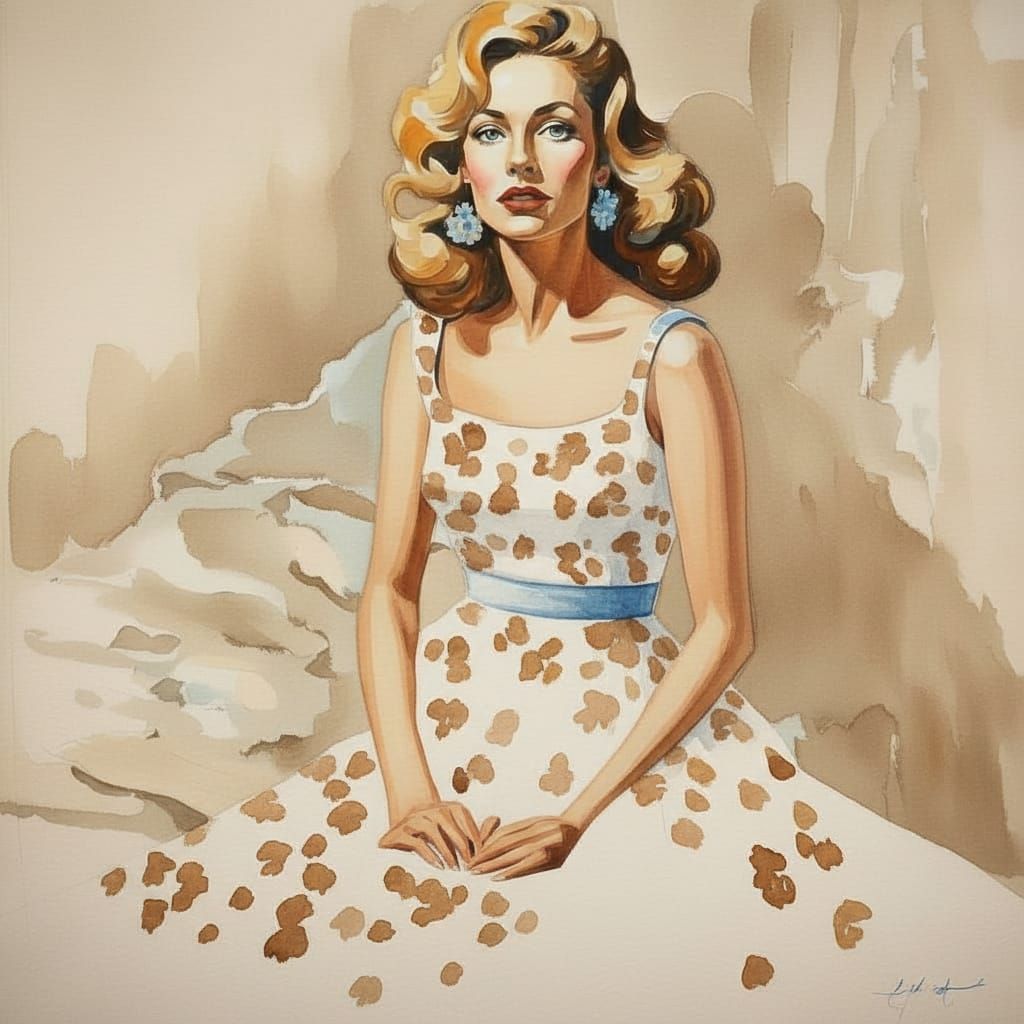 1970s Pin-Up in Gouache Watercolor Style