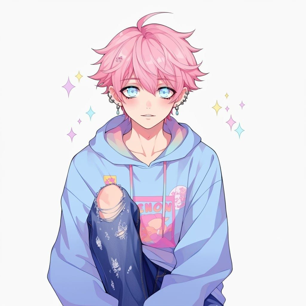 Anime Boy with Pink Hair and Piercings, Digital Art