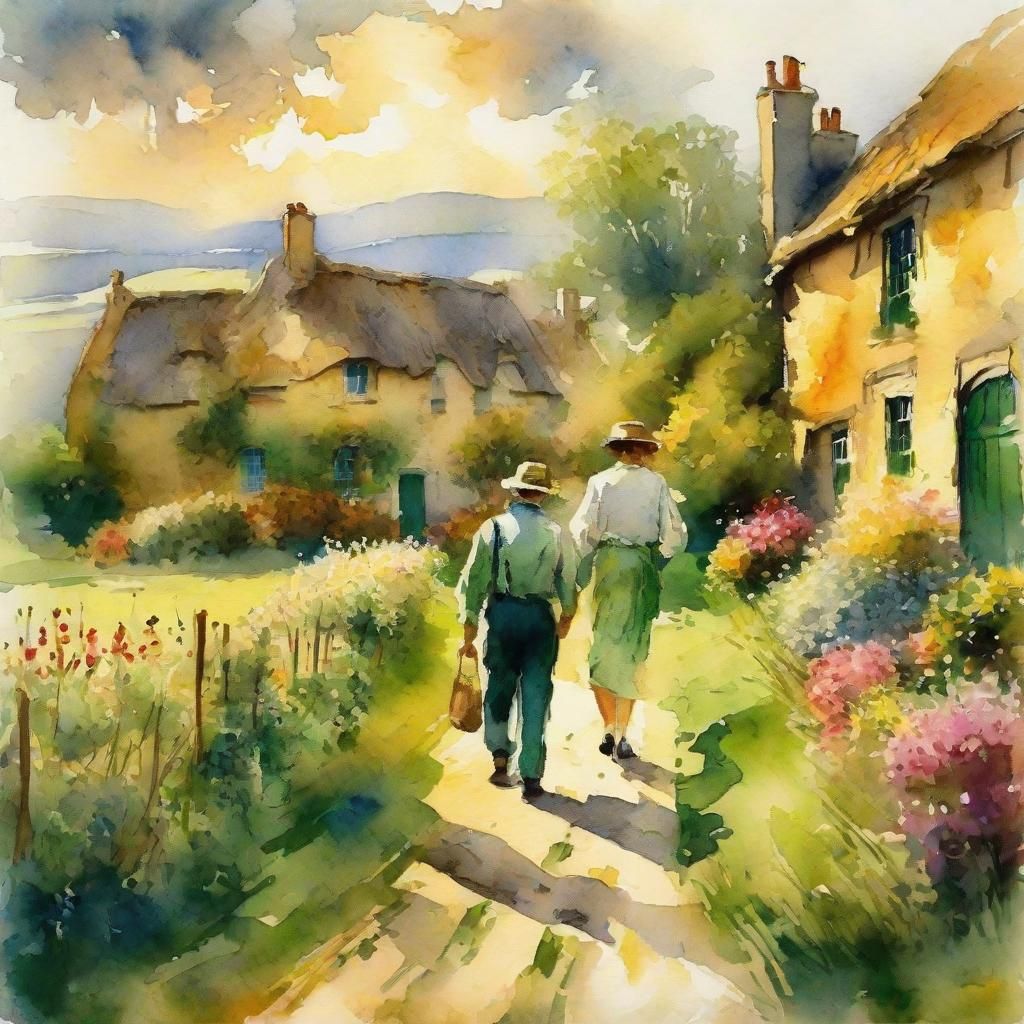 English Countryside Couple in Expressive Watercolor Style