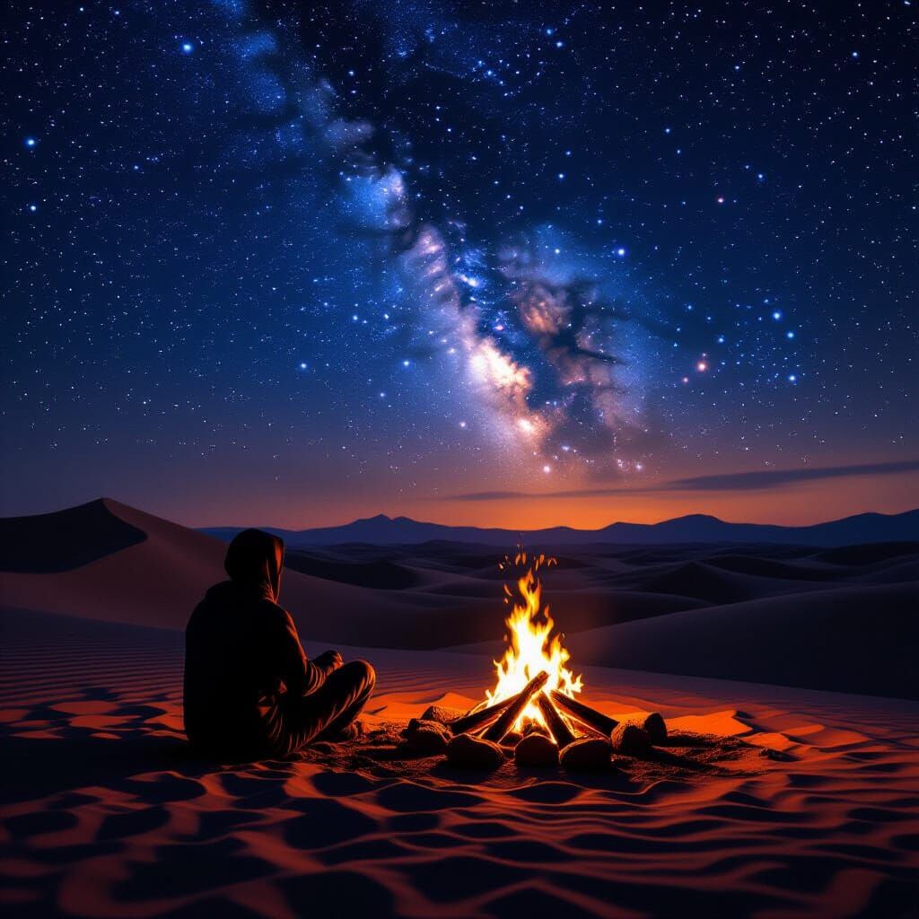 Lone Figure Beside Desert Bonfire Under Starlit Sky
