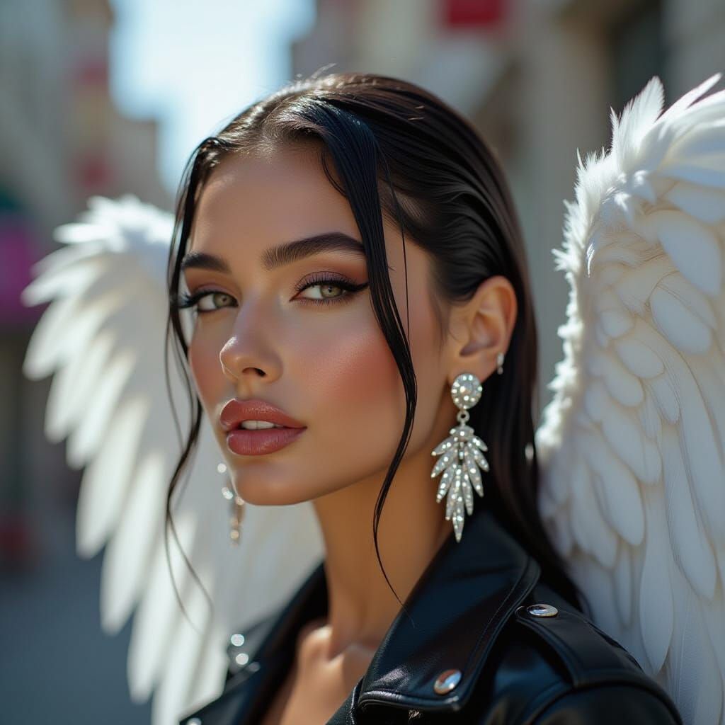 Young Woman with Wings in Grainy Analog Film Style