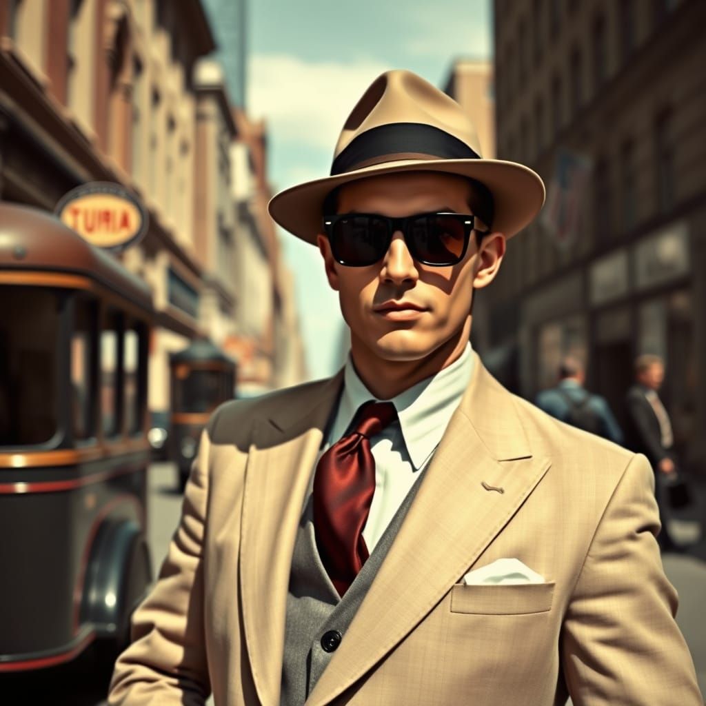 Man in 1950s Suit in Vintage City Scene