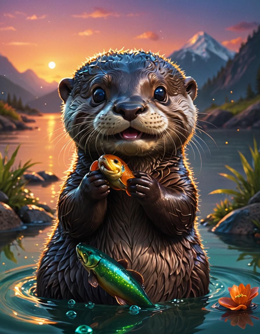 Smiling Otter with Fish in Vibrant Digital Art