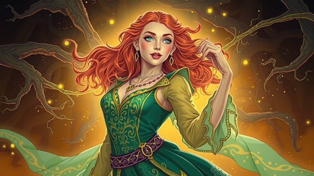 Enchanted Redheaded Sorceress in Mystical Forest