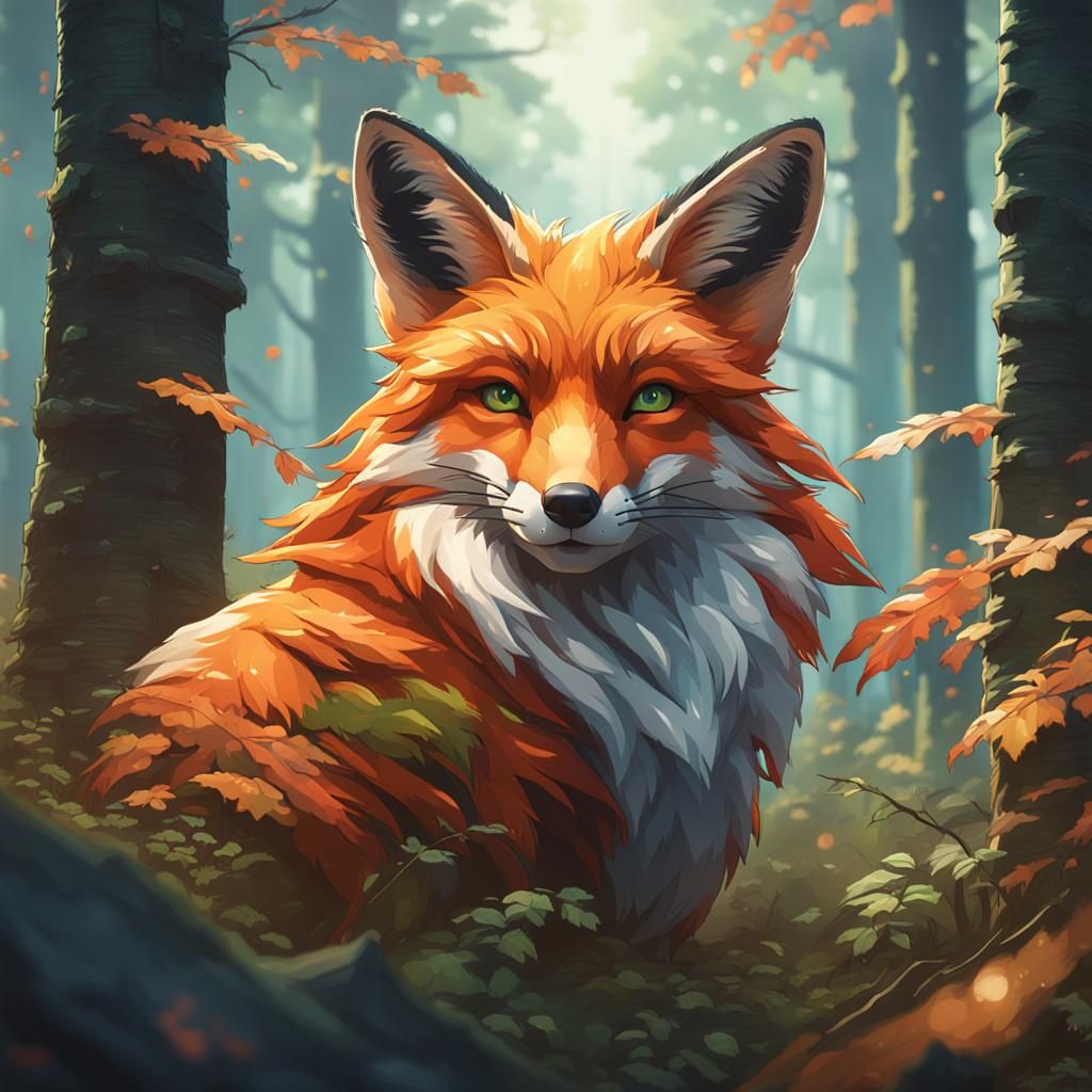 Fox Portrait in Forest, Hyperdetailed Art Nouveau Style
