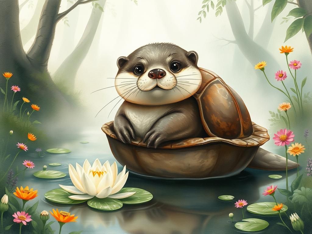 Whimsical Otter in Turtle Shell Watercolor Painting