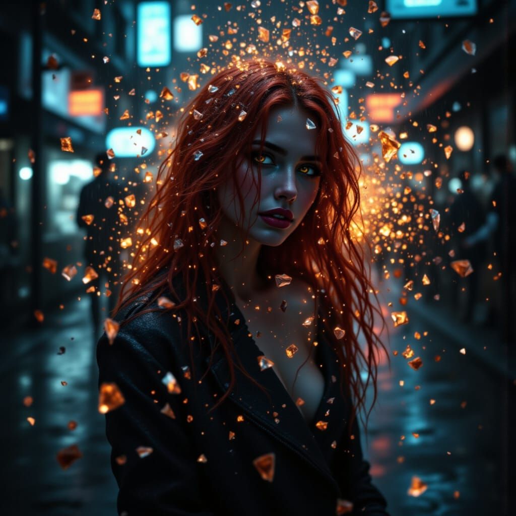 Redhead Woman in Neon City Downpour
