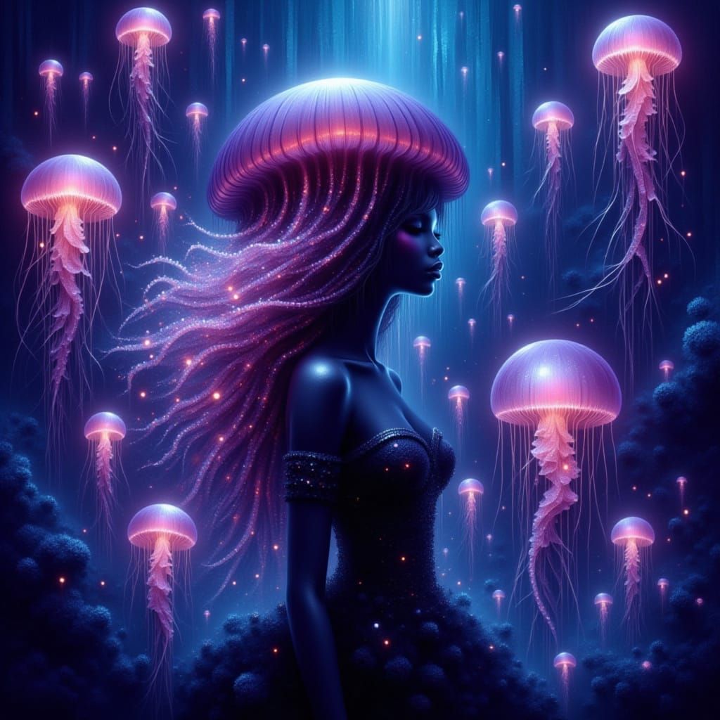 Alien Woman with Jellyfish Hat in Dreamlike Ocean