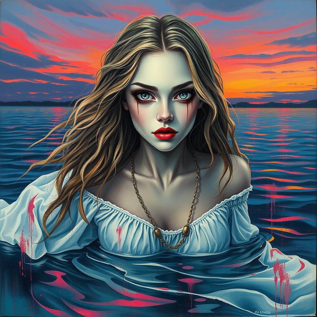 Ethereal Ghost Woman Floating with Graffiti Art