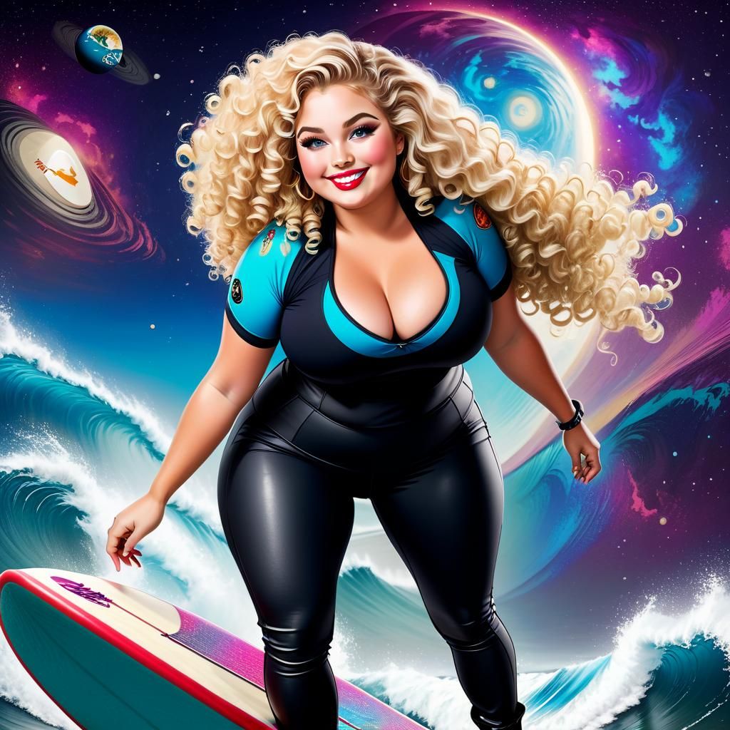 Woman Surfing in Space with Elaborate Detail