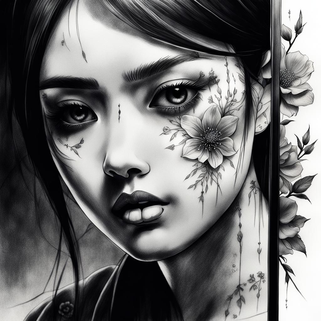 Anime Girl in Mirror: Charcoal Drawing with Flower Tattoos
