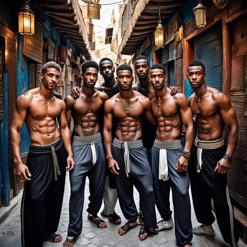 Hunks Embrace in Tunisian Souk: Realistic 3D Portrait