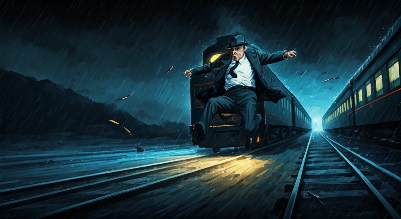 Film Noir Detective Leaps from Train in a Gritty, Rain-Soake...