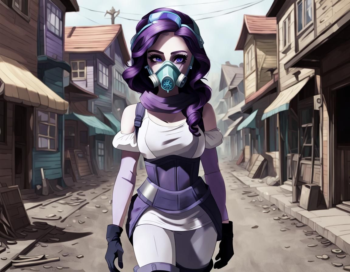 Woman in Gasmask Surveys Ruined Town