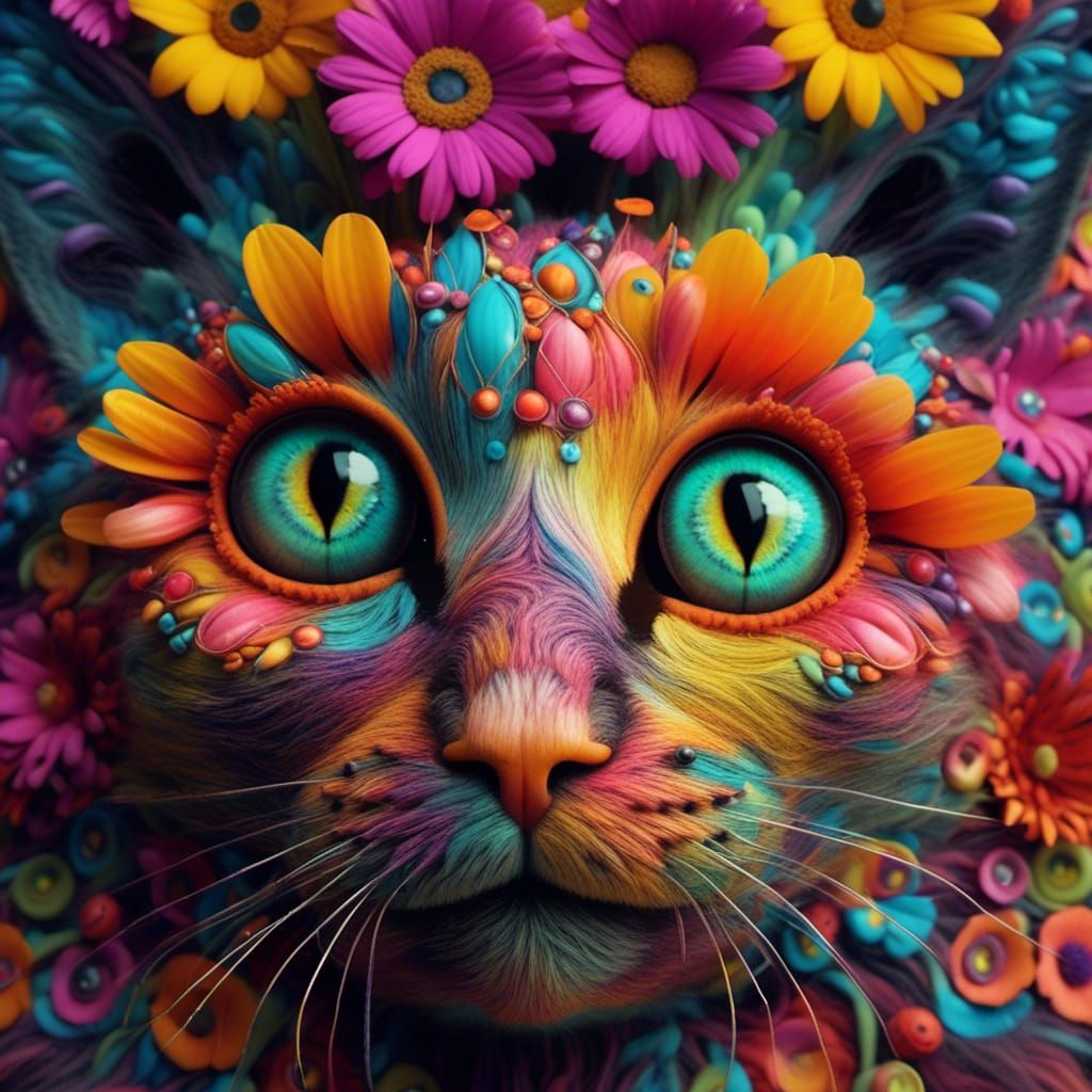 Colorful Flower Cat with Luminous Eyes
