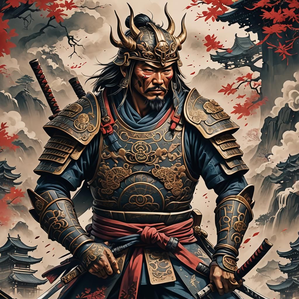 Samurai Tattoo Stencil in Detailed Matte Style