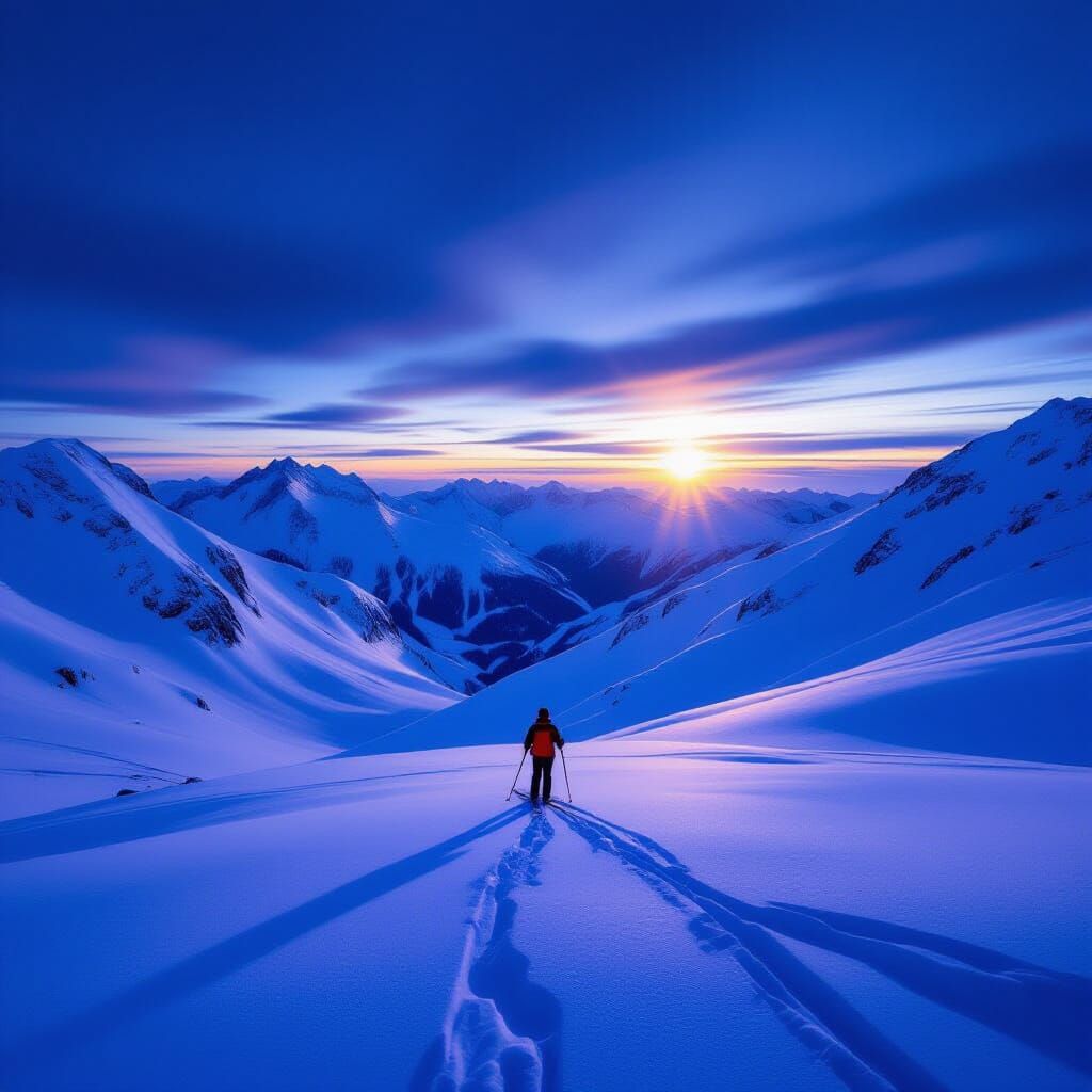 Lone Skier in Moody Twilight Mountain Landscape