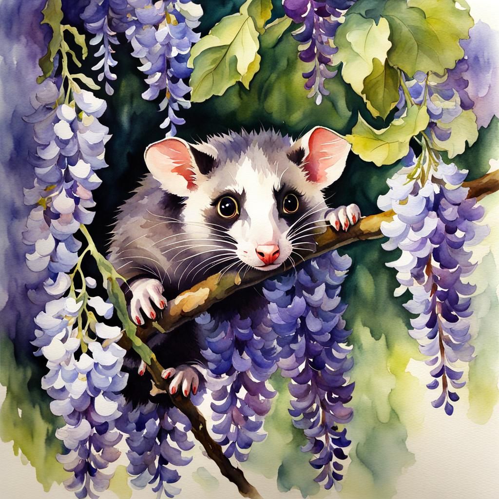 Possum in Wisteria Tree: Watercolor Masterpiece