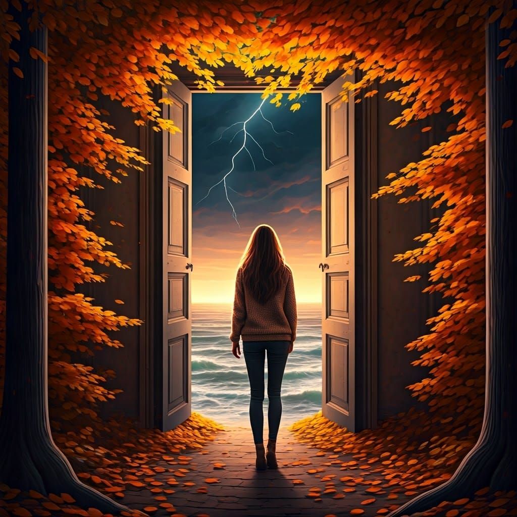 Woman at Autumn Forest Edge with Approaching Storm
