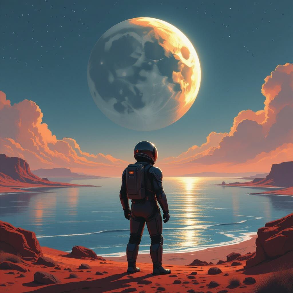 Astronaut on Hybrid Planet Under Alien Moon