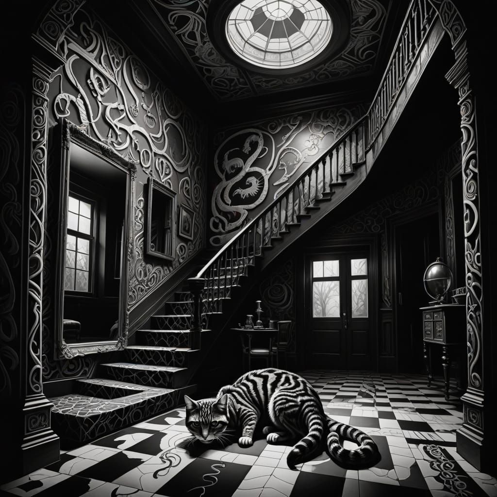 Whimsical Escher-Inspired Cat Enchanted by Its Own Reflectio...