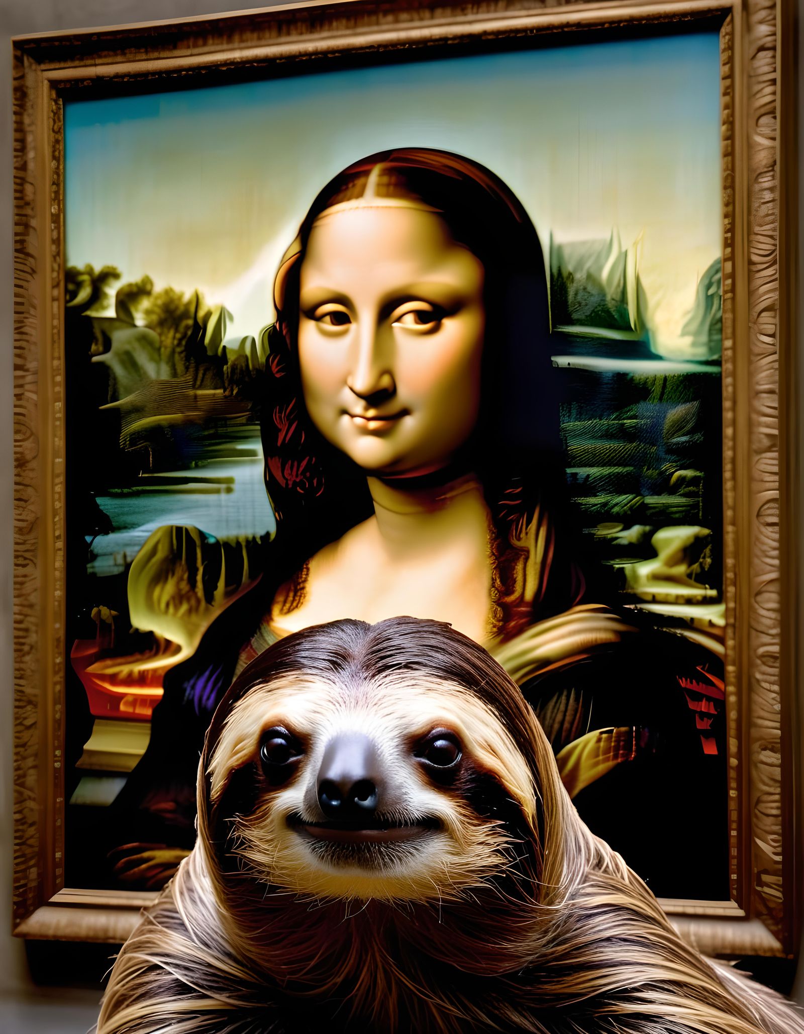 Sloth E. Slotherson Photobombing The Mona Lisa Painting (For...