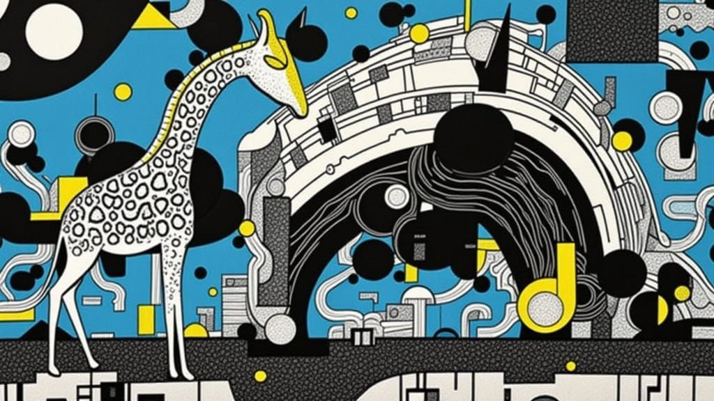 Giraffe Head on Circuit Board in Basquiat Charcoal Style