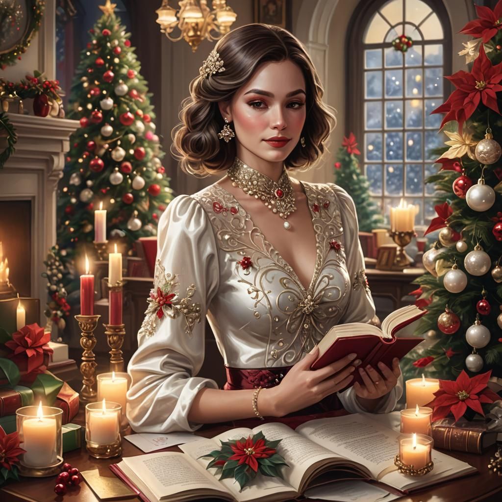 Elegant Woman Surrounded by Luxurious Christmas Decor, Hyper...