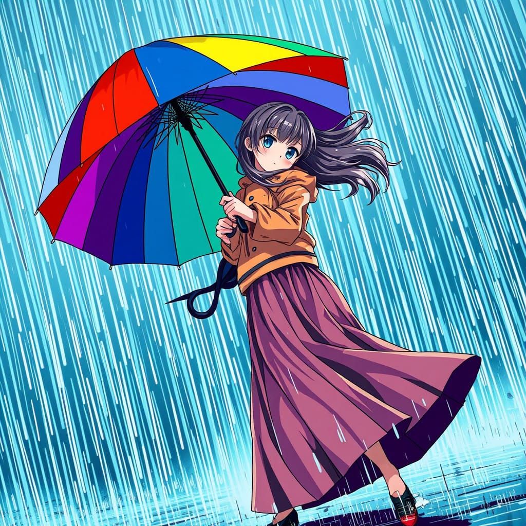 Anime Girl Overcomes Stormy Weather with Vibrant Umbrella