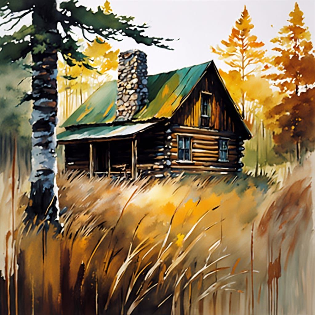 Rustic Log Cabin in Autumnal Forest as Watercolor