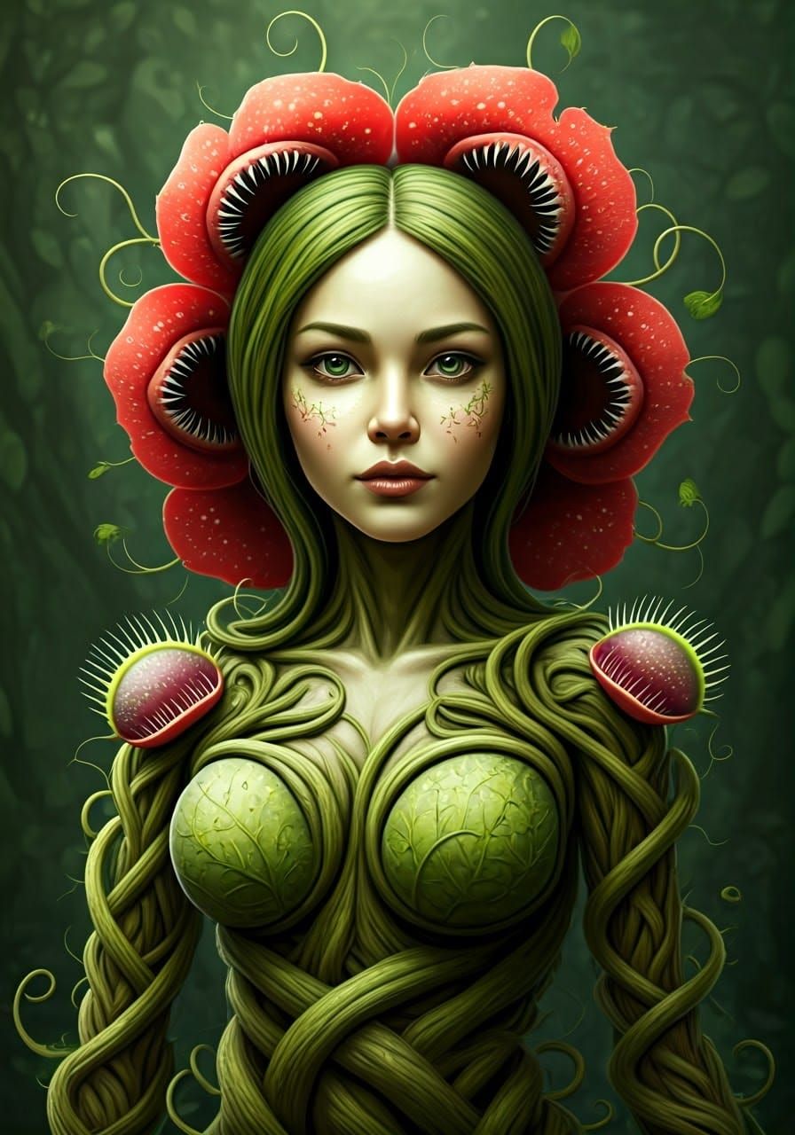 Carnivorous Plant Girl with Vine Body and Leaf Eyes