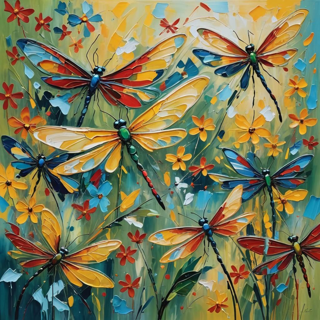 Abstract Expressionism with Dragonflies and Flowers