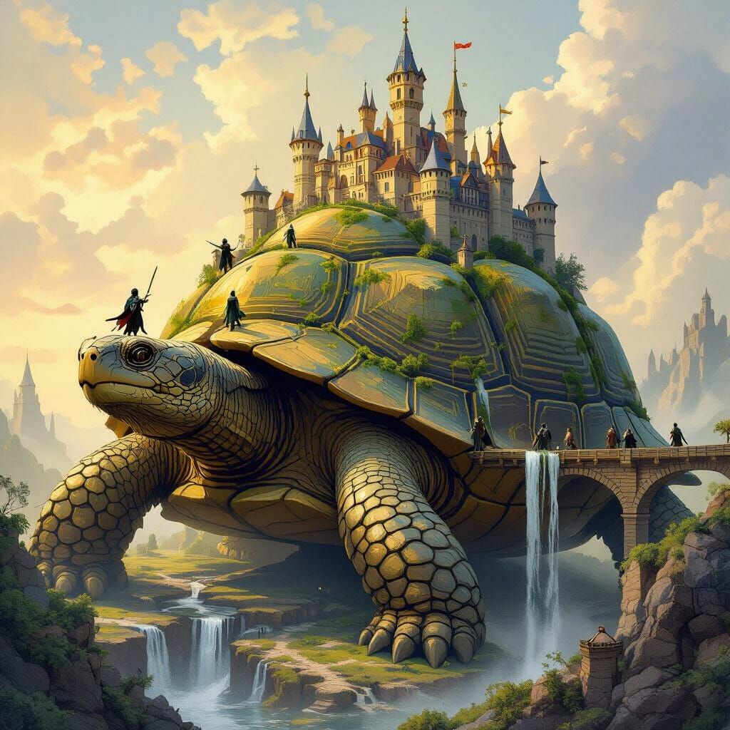 Fantasy City Rests on Giant Tortoise Shell