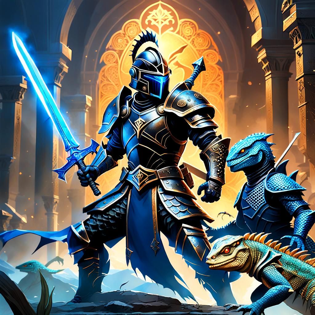 Warrior Battles Lizard Man in Dark Fantasy Art