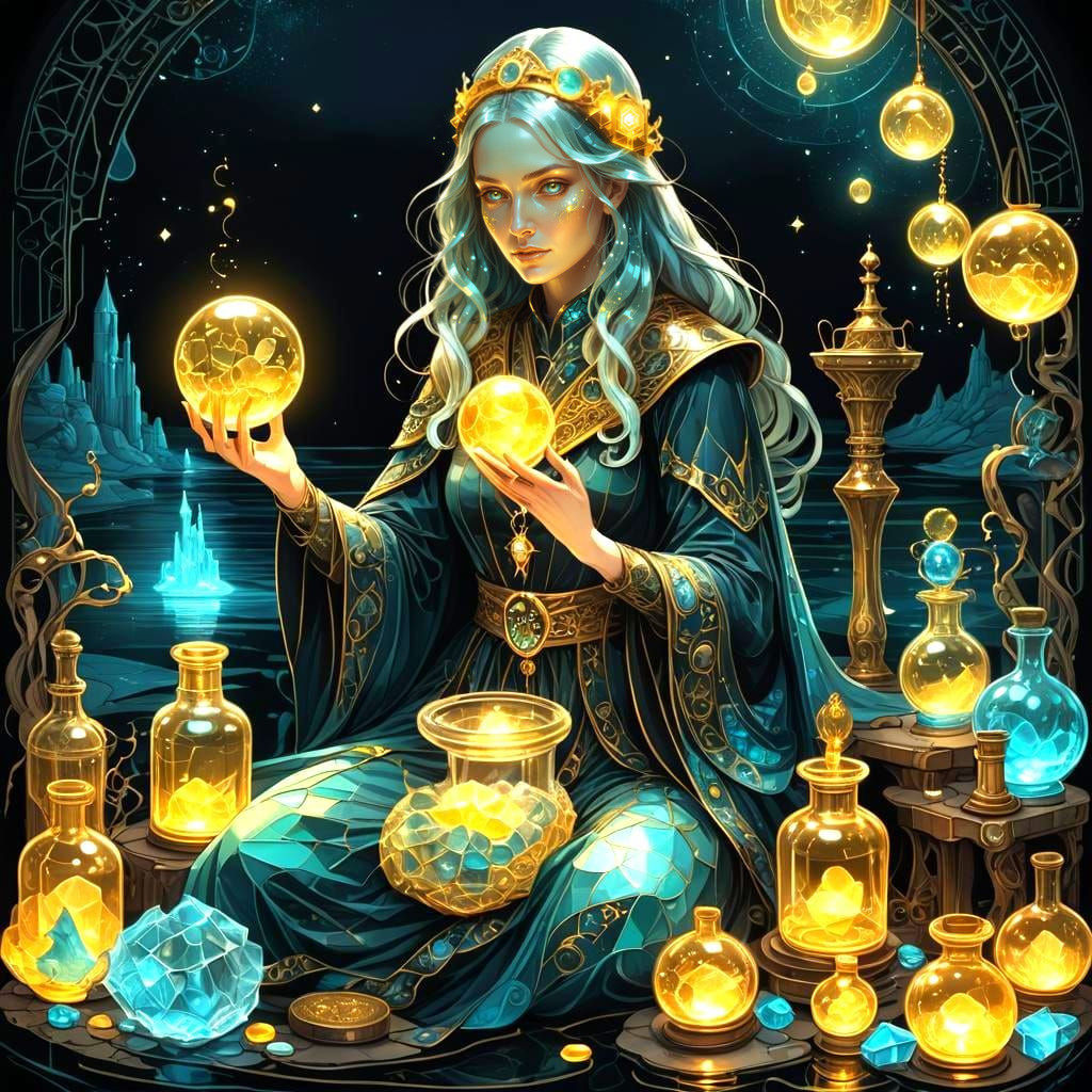 Bioluminescent Alchemist with Philosopher's Stone, Art Nouve...