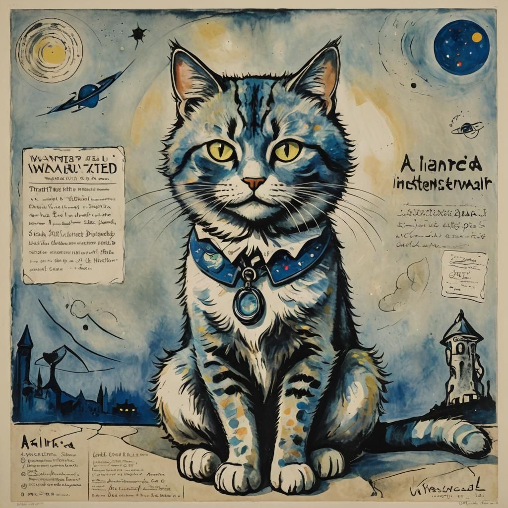 Alien Cat Wanted Poster in Chagall and Munch Style