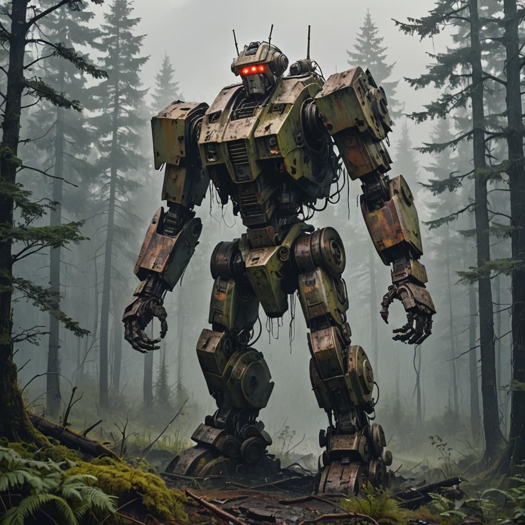 Vegetation-Covered Robot Leaning on Mountain in Bleak Landsc...