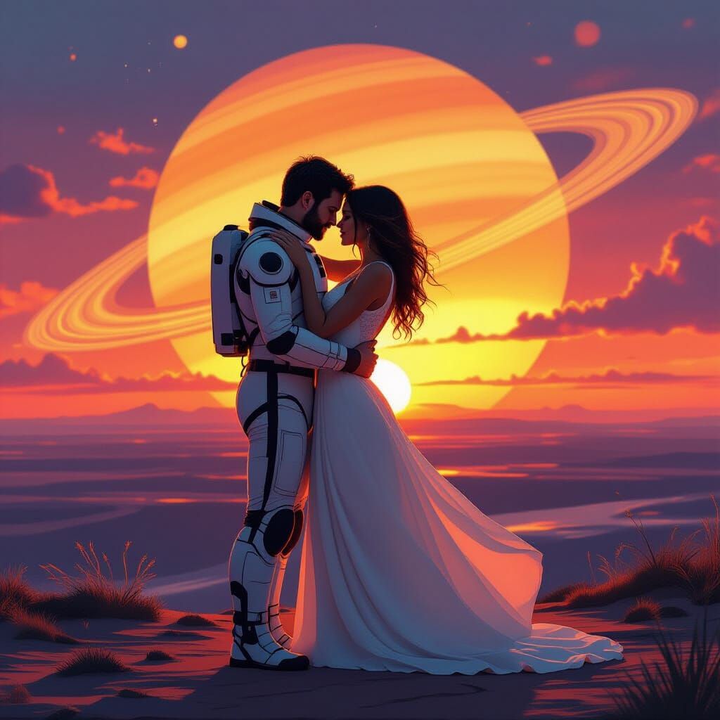 Saturn Sunset: Lovers Embrace Among the Rings
