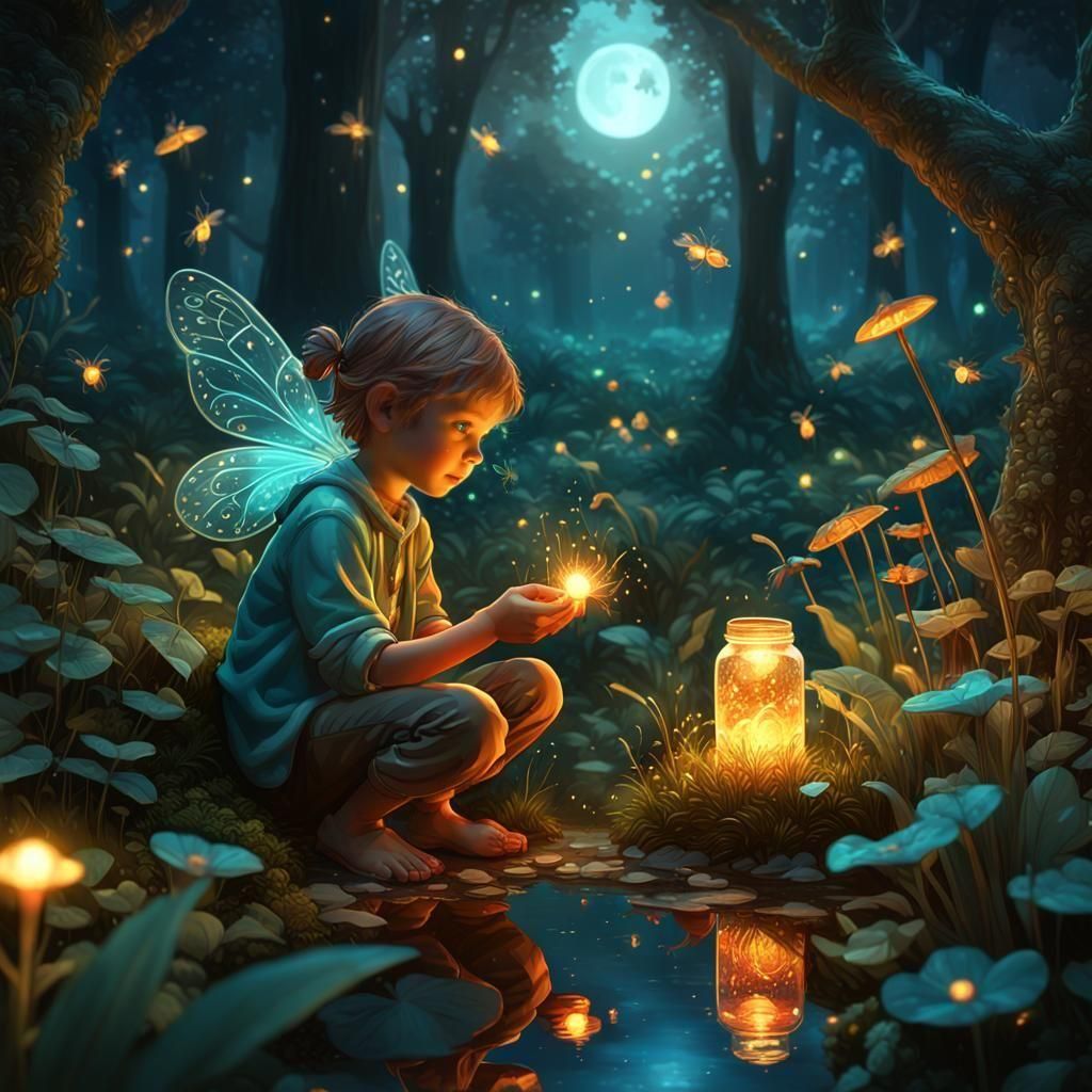 Enchanted Night Garden: Child and Fairy with Fireflies
