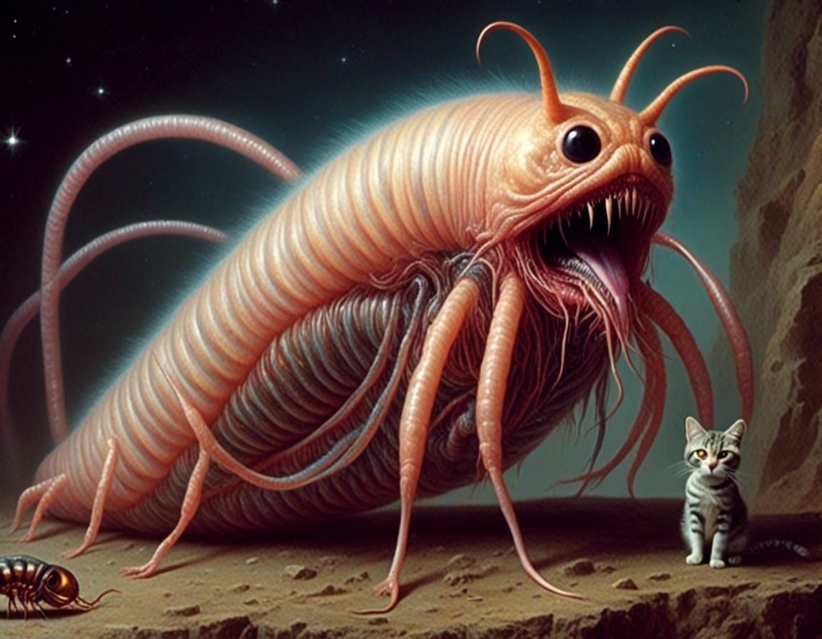 fantastically evil super flea threatening a small cat