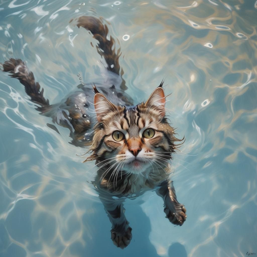 Curious Cat Swimming in Pool, Photorealistic Style