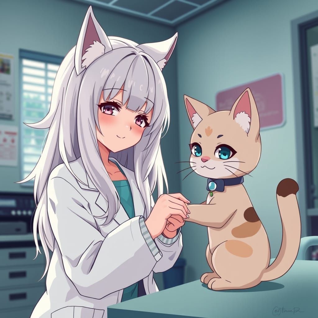 Anime Girl Bandaging Cat Girl in Medical Office