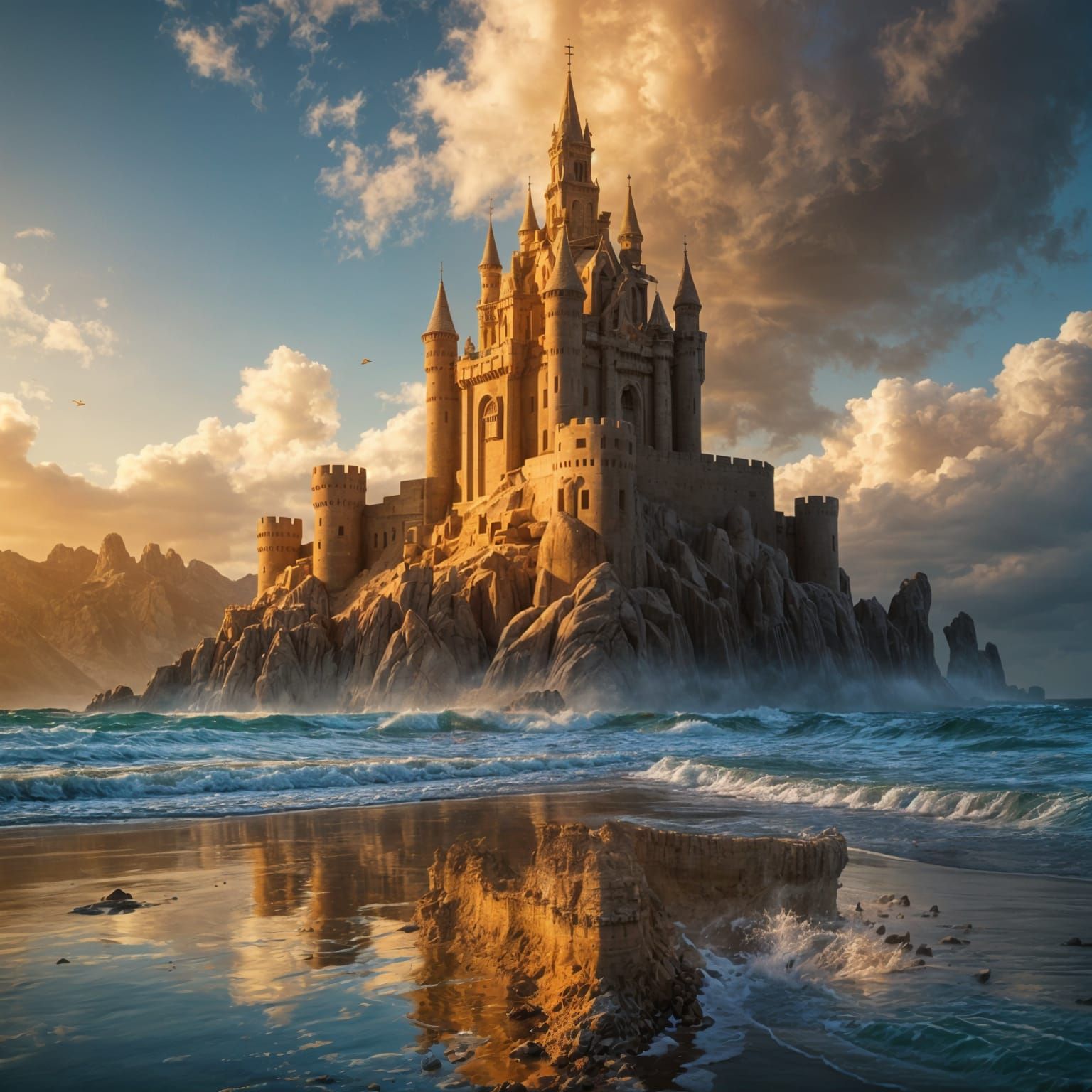 Detailed Sandcastle Fortress with Crashing Waves