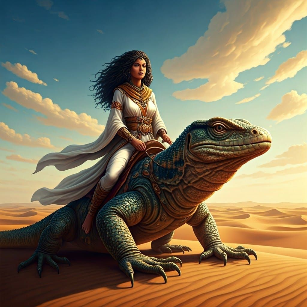 Majestic Warrior Rides Desert Lizard in Frazetta-Inspired Fa...