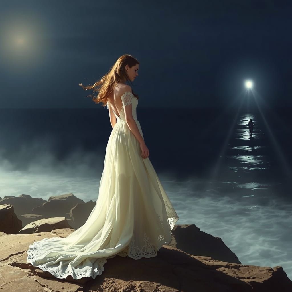 Woman on Beach with Lighthouse in Romantic Style
