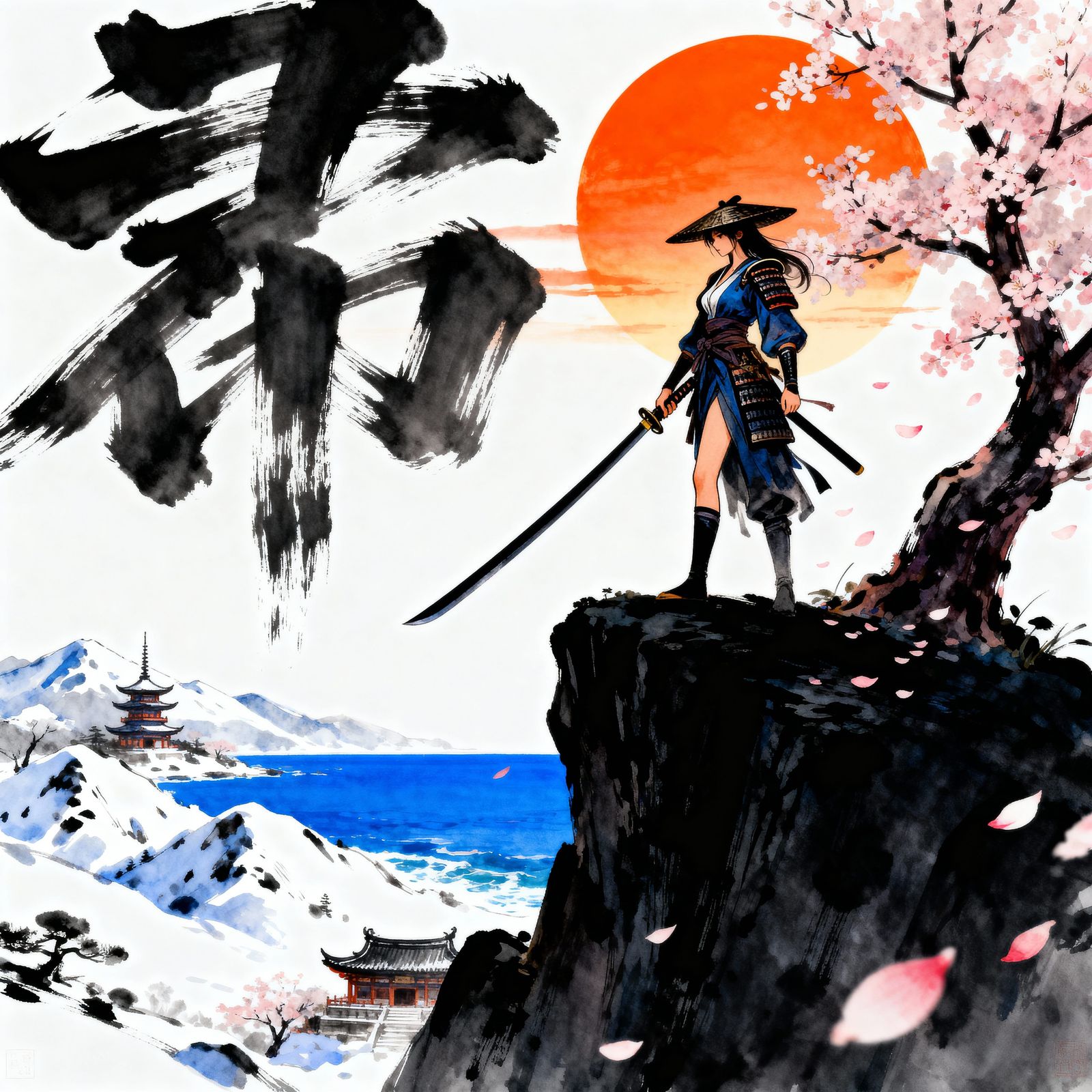 Samurai Woman at Sunset on Dark Island
