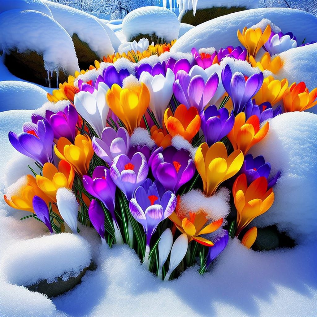 Colorful Crocus Flowers Bloom in the Snow