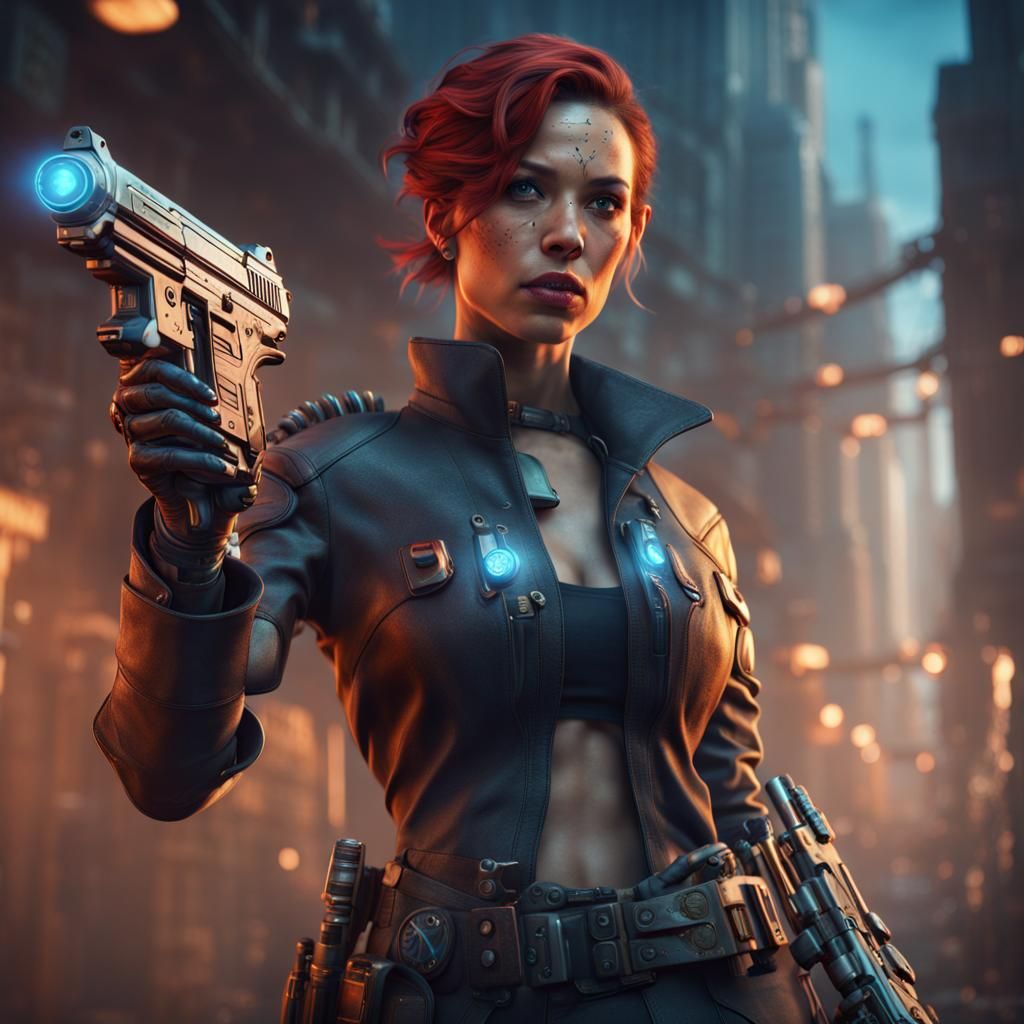 Cyborg Detective with Ray Gun, Detailed Matte Painting
