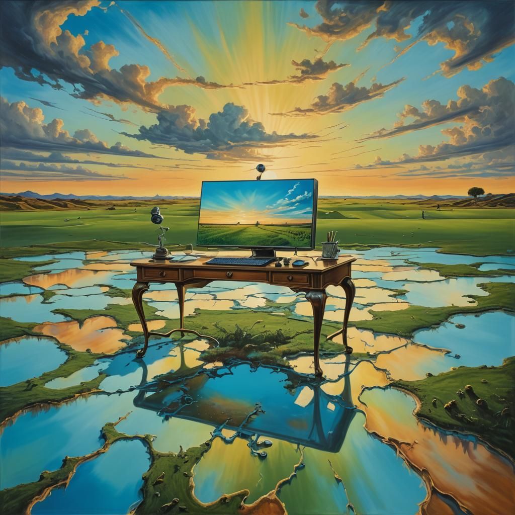 Surreal Desk at Sunset: Dali-esque Oil Painting