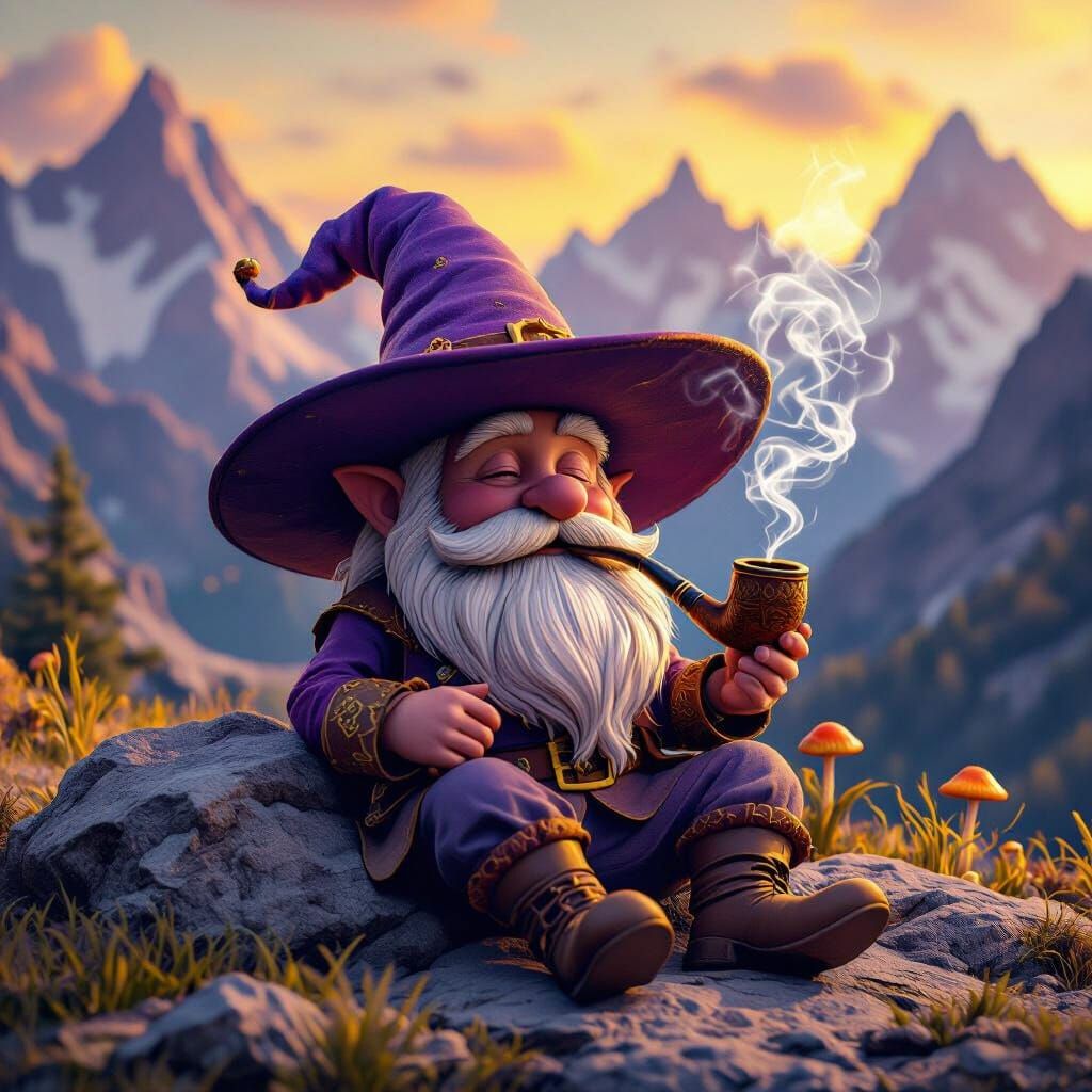 Gnome Smoker in Psychedelic Mountain Landscape